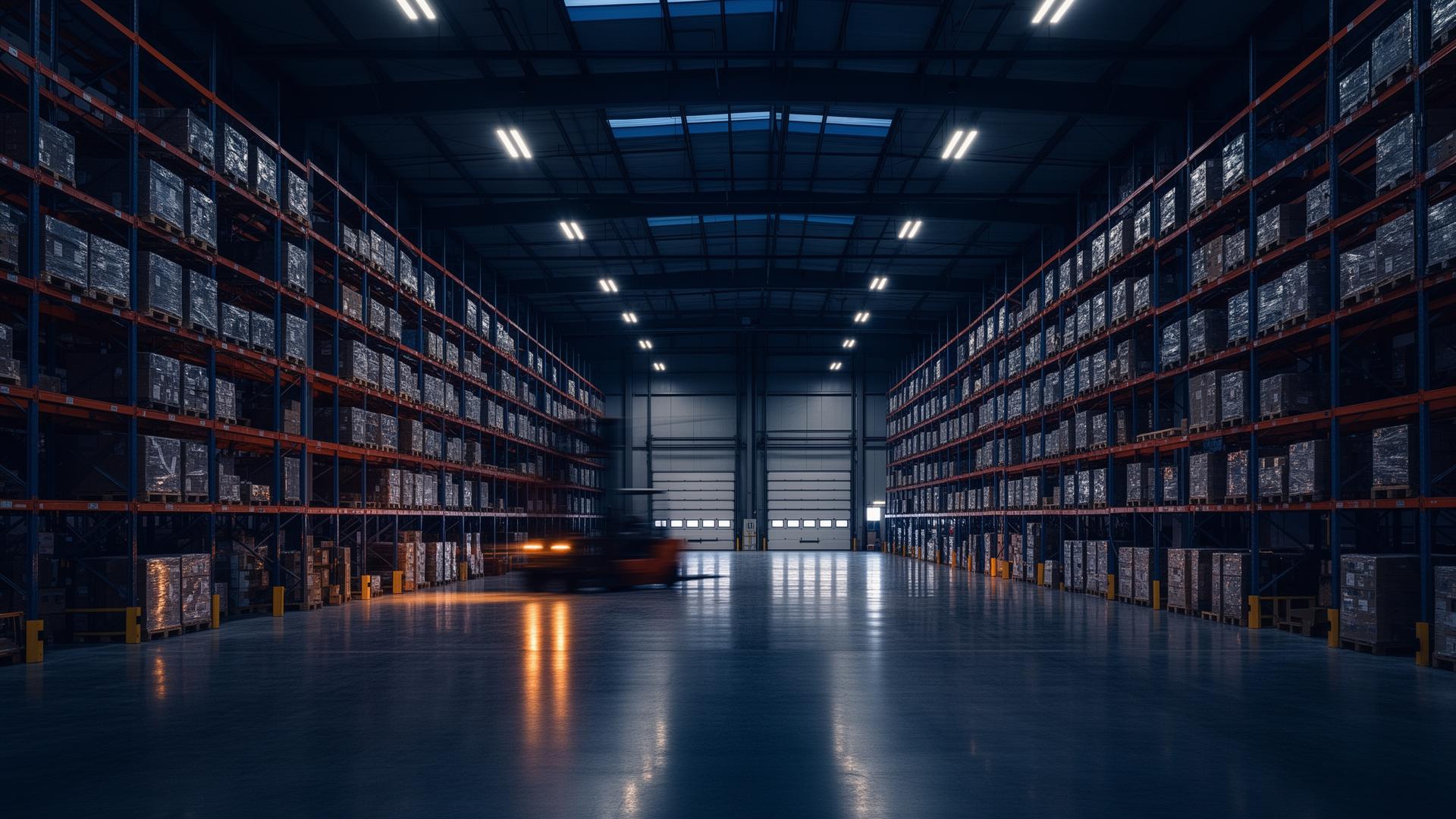 Modern distribution warehouse interior with commercial overhead doors