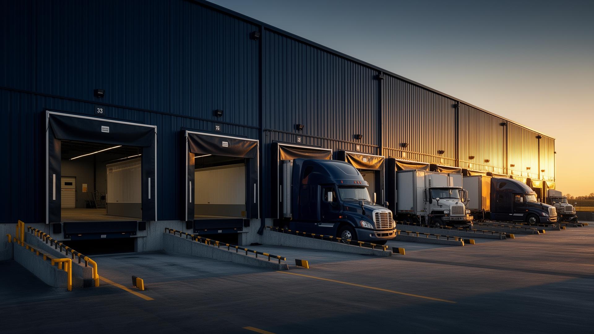Warehouse loading dock with trucks and dock equipment
